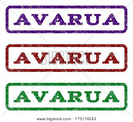 Avarua watermark stamp. Text tag inside rounded rectangle with grunge design style. Vector variants are indigo blue red green ink colors. Rubber seal stamp with unclean texture.