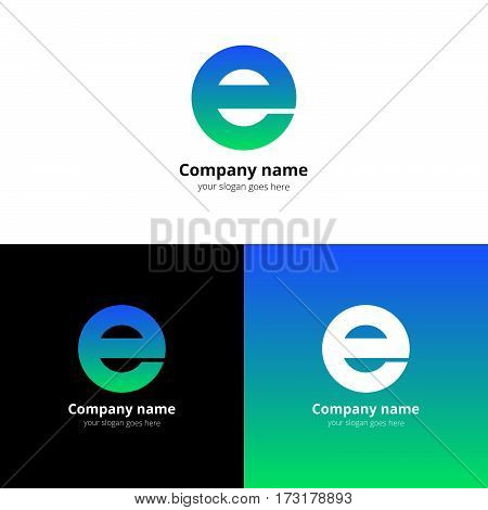 Letter E logo icon flat and stock vector design alphabet template. Typographic decoration character with trend blue-green gradient on white and black background. Minimalism creative symbol in vector.
