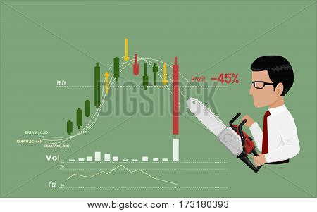 Businessman is going to stop loss by his chain saws