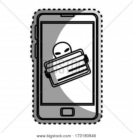 monochrome contour sticker with stealing credit card in cell phone vector illustration