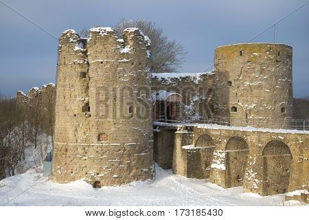 Towers and bridge of medieval fortress of Koporye close up in the cloudy February afternoon. Leningrad region, Russia