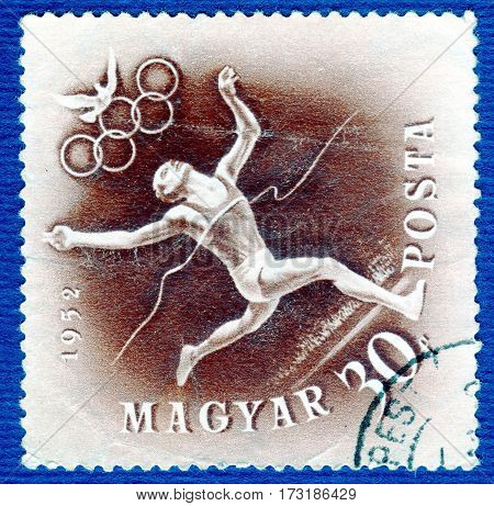 HUNGARY - CIRCA 1952: Postage stamp printed in Hungary  with a picture of a Athletics, from the series 