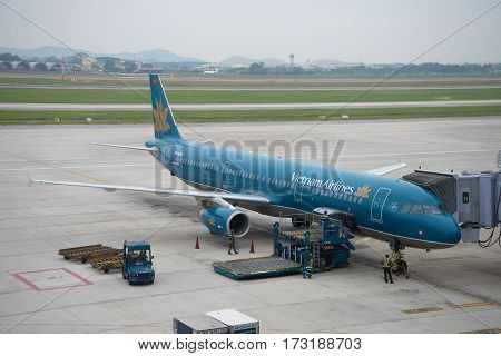 HANOI, VIETNAM - JANUARY 12, 2016: Airbus A321 (VN-A602) Vietnam Airlines in Noi Bai airport cloudy morning