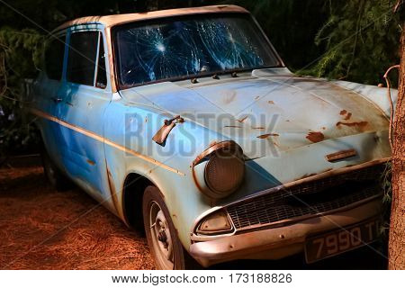 Osaka, Japan - FEB 20, 2017: The Ford Anglia in the Wizarding World of Harry Potter in Universal Studios Japan. Universal Studios Japan is a theme park in Osaka, Japan.Weasley Car Harry Potter