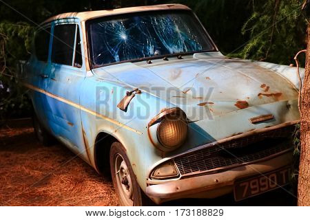 Osaka, Japan - FEB 20, 2017: The Ford Anglia in the Wizarding World of Harry Potter in Universal Studios Japan. Universal Studios Japan is a theme park in Osaka, Japan.Weasley Car Harry Potter