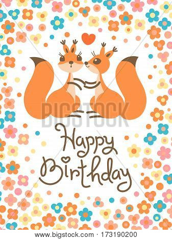 Happy Birthday card with cute squirrels kissing in a cartoon style. Vector illustration.