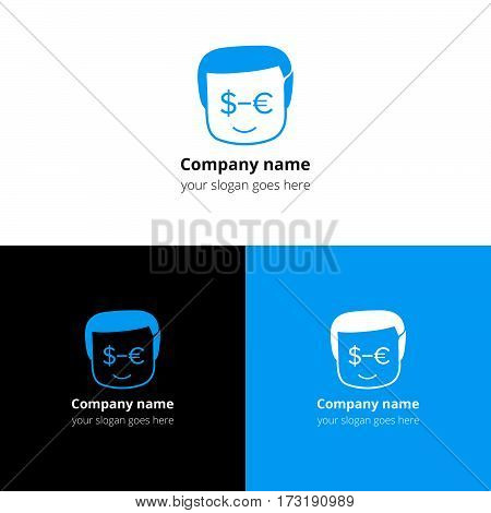 User, man, human people head with money icon in eyes. Logo, icon, sign, emblem vector template. Abstract symbol and button with gradient for business, bank, pay conversation firm or service company.