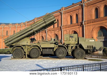 SAINT PETERSBURG, RUSSIA - JANUARY 20, 2017: Fighting vehicle reactive volley-fire systems 9A52 