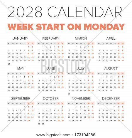 Simple 2028 year calendar, week starts on Monday