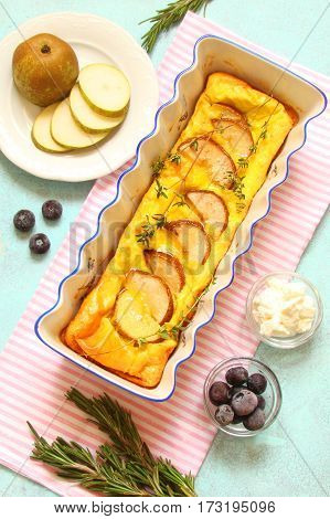 omelette with carolinianum pears and aromatic herbs thyme