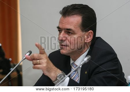 Bucharest Romania August 11 2009: Politician Ludovic Orban in a press conference in Bucharest.
