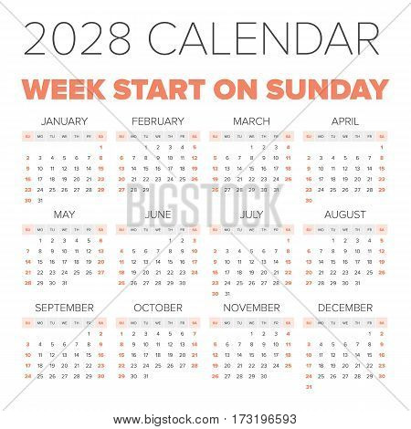 Simple 2028 year calendar, week starts on Monday