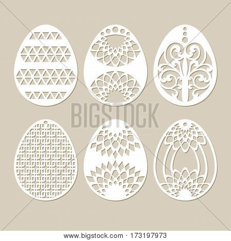 Set stencil easter eggs with carved openwork pattern. Image suitable for laser cutting. Image suitable for plotter and laser cutting or printing