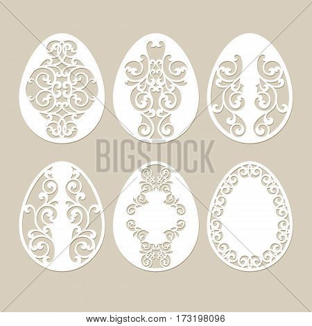 Set stencil easter eggs with carved openwork pattern. Image suitable for laser cutting. Image suitable for plotter and laser cutting or printing
