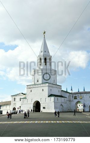 Kazan, Tatarstan, Russia - September 4, 2016. Kazan Kremlin, Spasskaya Tower.Kremlyovskaya Street.