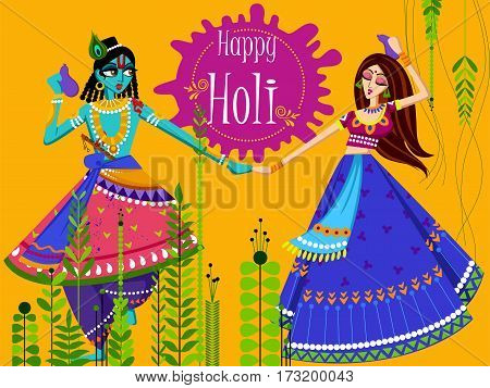 Vector design of Indian God Krishna and Radha celebrating color festival of India Holi