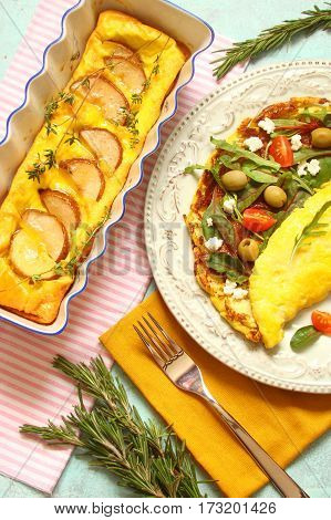 omelette with carolinianum pears and aromatic herbs thyme
