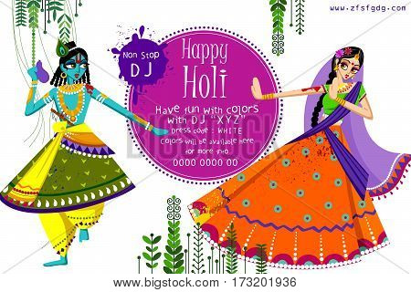Vector design of Indian God Krishna and Radha celebrating color festival of India Holi