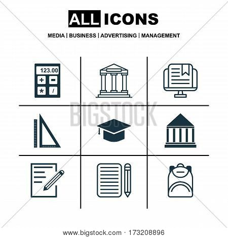 Set Of 9 Education Icons. Includes Haversack, Home Work, E-Study And Other Symbols. Beautiful Design Elements.