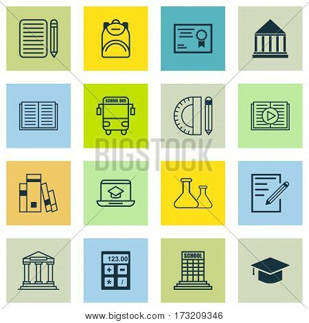 Set Of 16 School Icons. Includes Haversack, Library, Home Work And Other Symbols. Beautiful Design Elements.