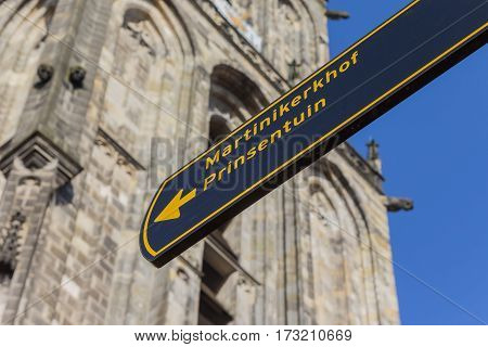 Tourist sign in front of the Martini church in Groningen Holland