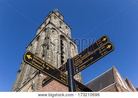 Tourist sign in front of the Martini church in Groningen Holland