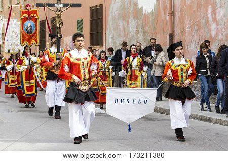 CAGLIARI, ITALY - May 1, 2014: 358 Religious Procession of Sant'Efisio - Parade of folk group of Desulo - Sardinia