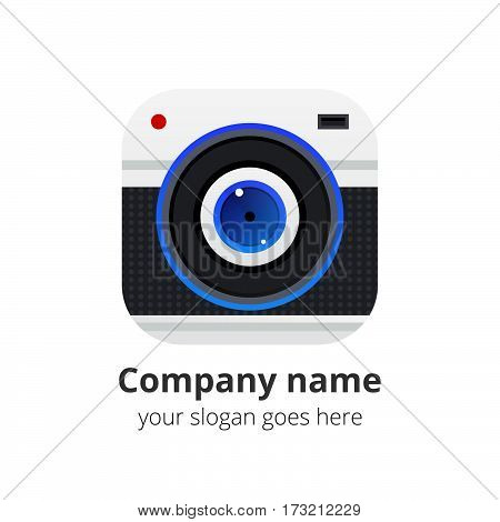 Photo camera icon button. Creative vision concept logo or icon vector elements design template for company, web site, firm, fliers, banners, cards, covers, poster.