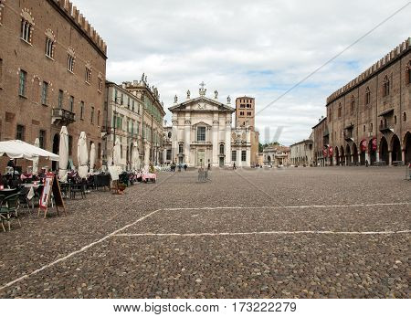MANTUA ITALY - MAY 2 2016: Cathedral and Palazzo Bianchi on Sordello square in Mantua Italy.