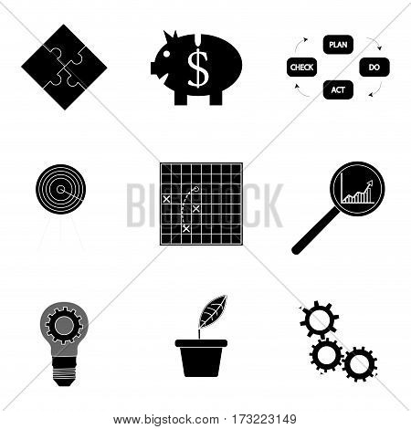 Black silhouette business icons. Analysis and tactic productivity development and optimization vector illustration