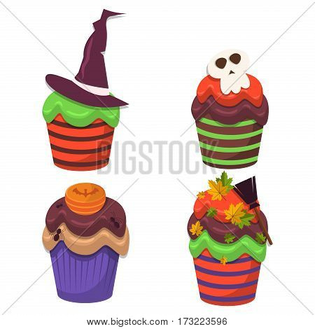 Cupcake happy halloween scary sweets. Pumpkin chocolate decorated icing bats. Halloween vector halloween cupcakes promo party invitation. Trick or treat halloween cupcakes dessert food pumpkin party.
