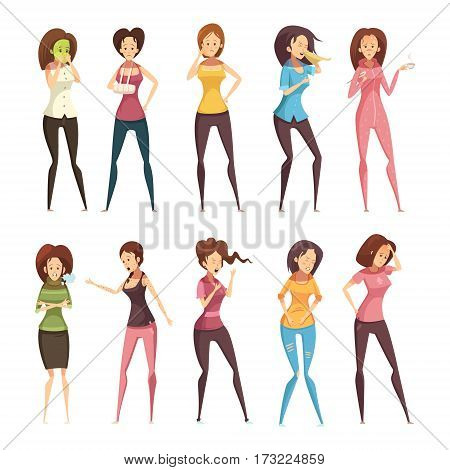 Colored and isolated sickness woman retro cartoon icon set with different women vector illustration