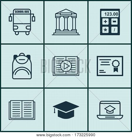 Set Of 9 Education Icons. Includes Haversack, Distance Learning, Graduation And Other Symbols. Beautiful Design Elements.