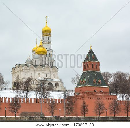 MOSCOW - February 24, 2017 View from the Sofia quay at Archangel and Annunciation Cathedral. Moscow Kremlin . Beautiful scenery on the background of the cloudy sky.