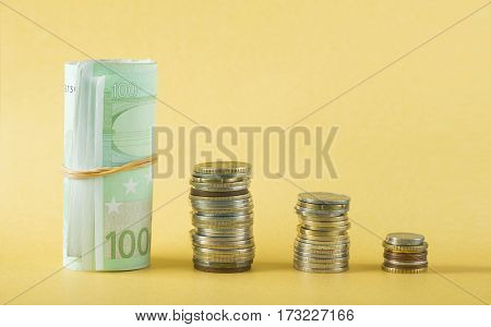 Background of banknotes. Euro banknotes 50 fifty. Money background