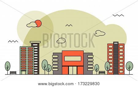 Modern street scenery in flat design style. Residential district with building of bank, cinema or market, trees and houses with place for text