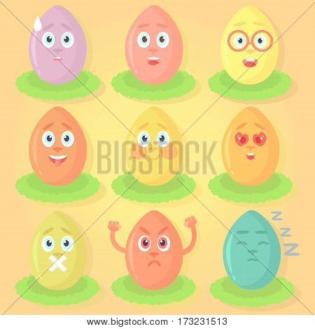 Set of Easter eggs with emotions, bright festive emotional icons. Happy, botanist, laugh, confused, in love, not talking, angry, sleep, with cold sweat.