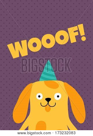 vector template of a greeting card with a dog and woof text