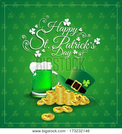 Green beer with hat on gold coin for St. Patrick's Day card
