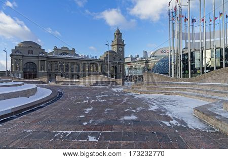 MOSCOW RUSSIA - JANUARY 21 2017: Moscow Kiev railway station view from the Square in Europe. Sunny day in January.