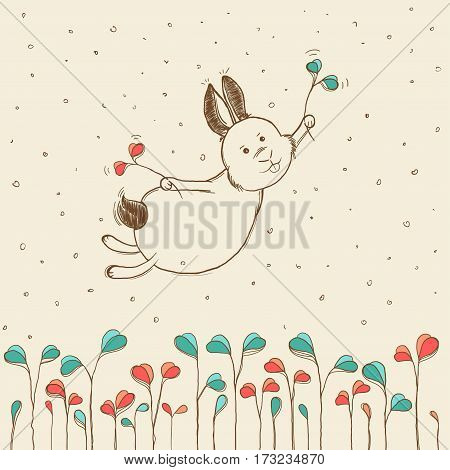cute hand-drawn bunny flying over the green