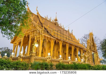 Wat Paknam Joelo Architecture Temple All Gold Color And Evenings Sky At Bangkla, Chachoengsao, Thail