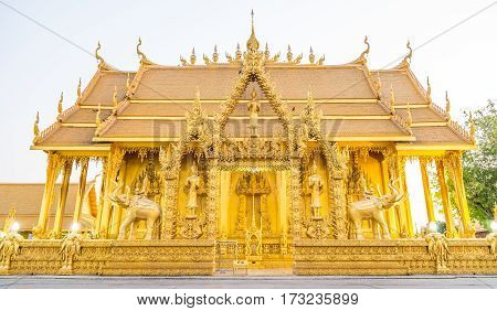Wat Paknam Joelo Architecture Temple All Gold Color And Evenings Sky At Bangkla, Chachoengsao, Thail