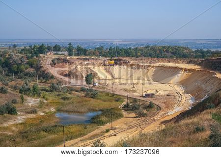 Sand quarry near the town of Orikhiv in Zaporizhzhia region of Ukraine. Excavator  electric power shovel  with bucket capacity of five cubic meters. September 2006