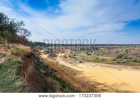 Sand quarry near the town of Orikhiv in Zaporizhzhia region of Ukraine. Excavator  electric power shovel with bucket capacity of five cubic meters. September 2006