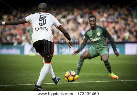 VALENCIA, SPAIN - FEBRUARY 19: Mangala with ball during La Liga soccer match between Valencia CF and CD Athletic Club Bilbao at Mestalla Stadium on February 19, 2017 in Valencia, Spain