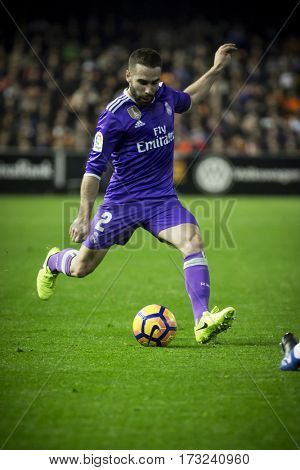 VALENCIA, SPAIN - FEBRUARY 22: Daniel Carvajal during La Liga soccer match between Valencia CF and Real Madrid at Mestalla Stadium on February 22, 2017 in Valencia, Spain