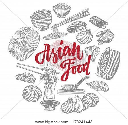 Sketch Asian food elements round composition with traditional meals of chinese and japanese cuisines isolated vector illustration