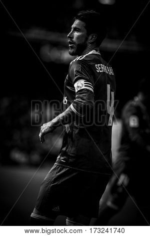 VALENCIA, SPAIN - FEBRUARY 22: Sergio Ramos during La Liga soccer match between Valencia CF and Real Madrid at Mestalla Stadium on February 22, 2017 in Valencia, Spain