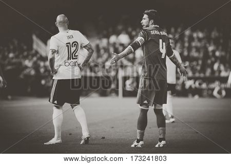 VALENCIA, SPAIN - FEBRUARY 22: (L) Zaza and Ramos during La Liga soccer match between Valencia CF and Real Madrid at Mestalla Stadium on February 22, 2017 in Valencia, Spain